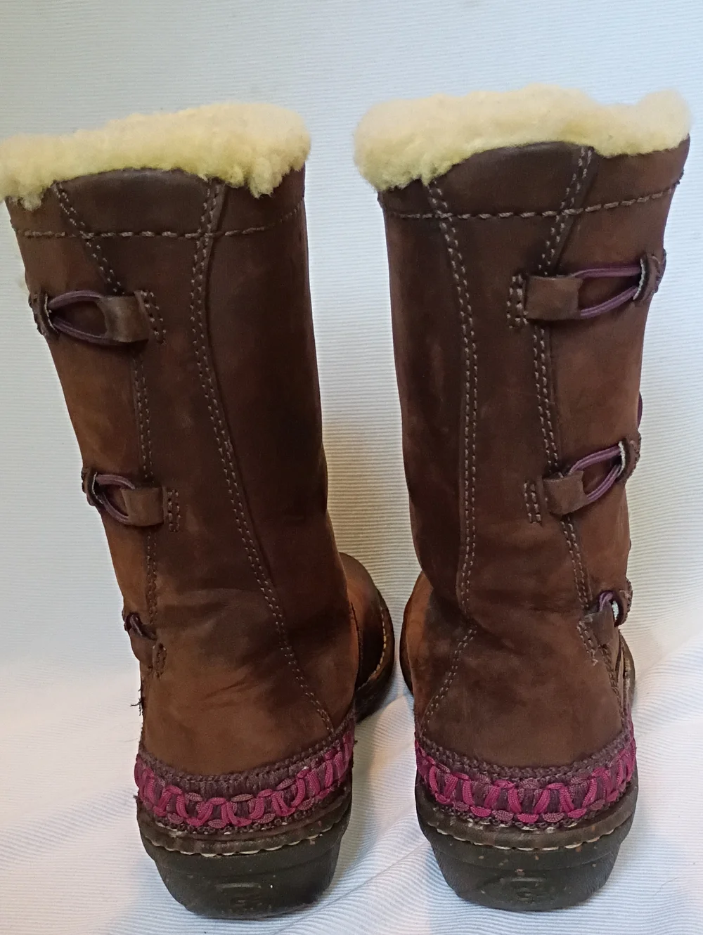 UGG Brown Leather Shearling-Lined Mid-Calf Boots with Purple Accents